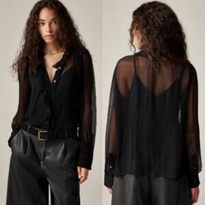 J. Crew Women's Crinkle Chiffon Ruffle Button-Up Shirt CF436 Black Size 12 NWT